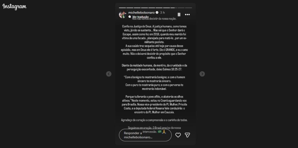 Michelle Bolsonaro denuncia “perseguição exacerbada” após prisão de Jair Bolsonaro